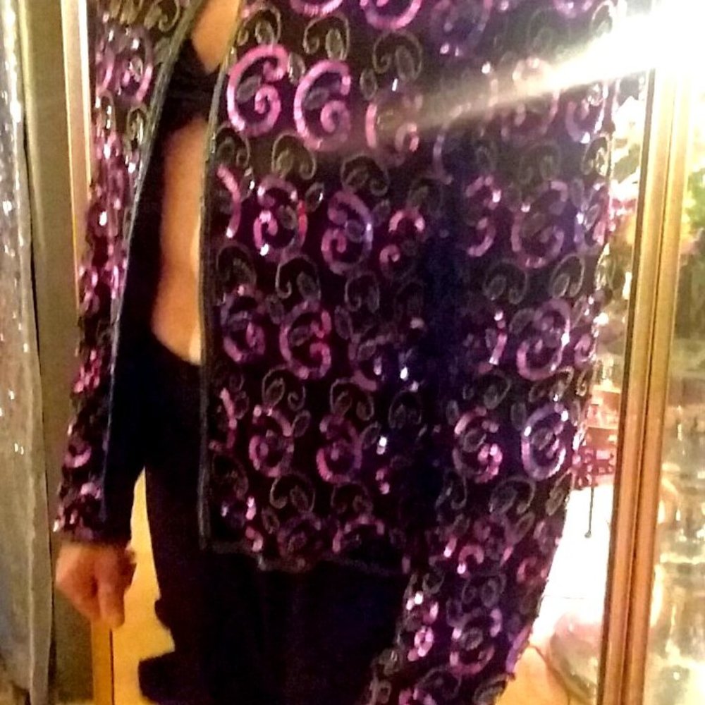 Gorgeous Sparkle Vintage Fuschia Pink & Black Silk Sequin Jacket XS S